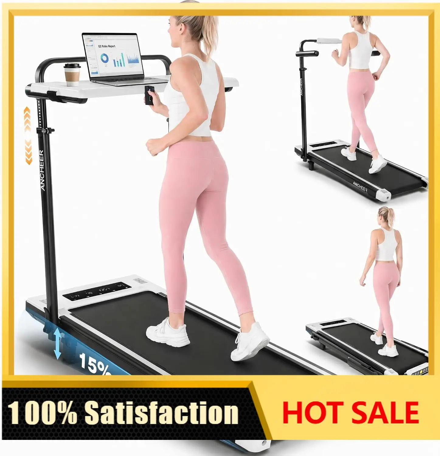 Height-Adjustable Desk Treadmill with 15% Incline for Home Office Workout | 8 in 1 Folding Treadmill 450lbs Weight Capacity, 3.5