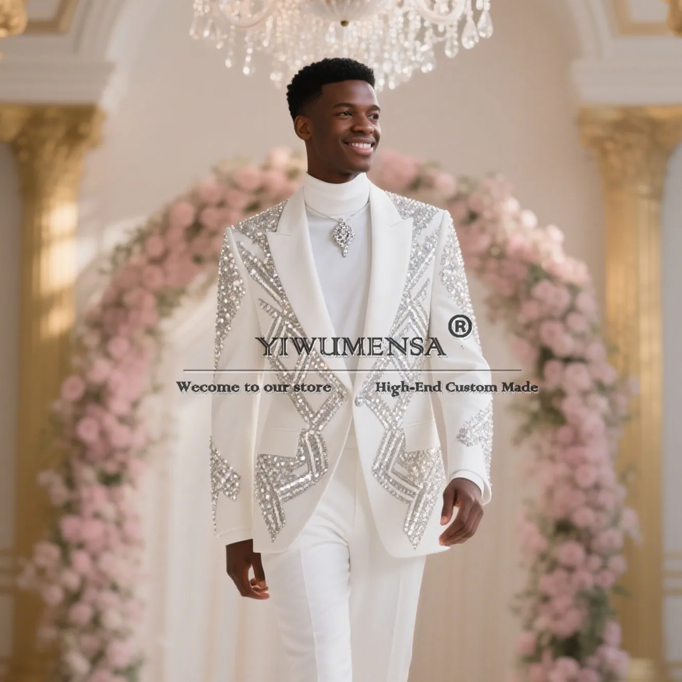 

Sparkly Crystals Beaded Suits Men For Wedding Peaked Lapel Prom Tuxedos Man Formal Party Dresses Groom Banquet Suit Man Slim Fit