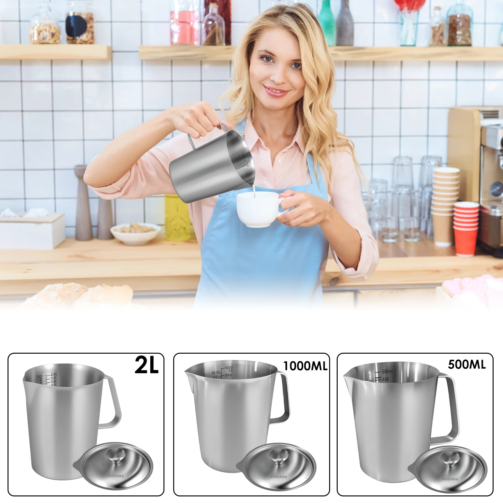 Stainless Steel Milk Frothing Jug With Handle and Lid Rust Proof Large Mouth Metal Graduated Beaker With Clear Marking for Home