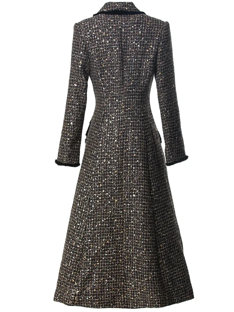 WEAVEHUI Women's Plaid Tweed Coat Autumn Double Breasted High Street Outerwear Long Sleeves with Feathers Pockets