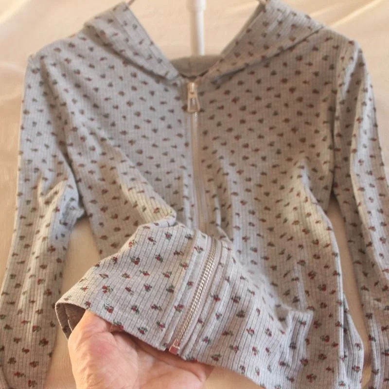 

Flower Print Thin Hooded Shirt Women's Slim Fit Hooded Zip-up Y2k Long Sleeve Tops 2025 Spring Fashion Korean Style Clothes