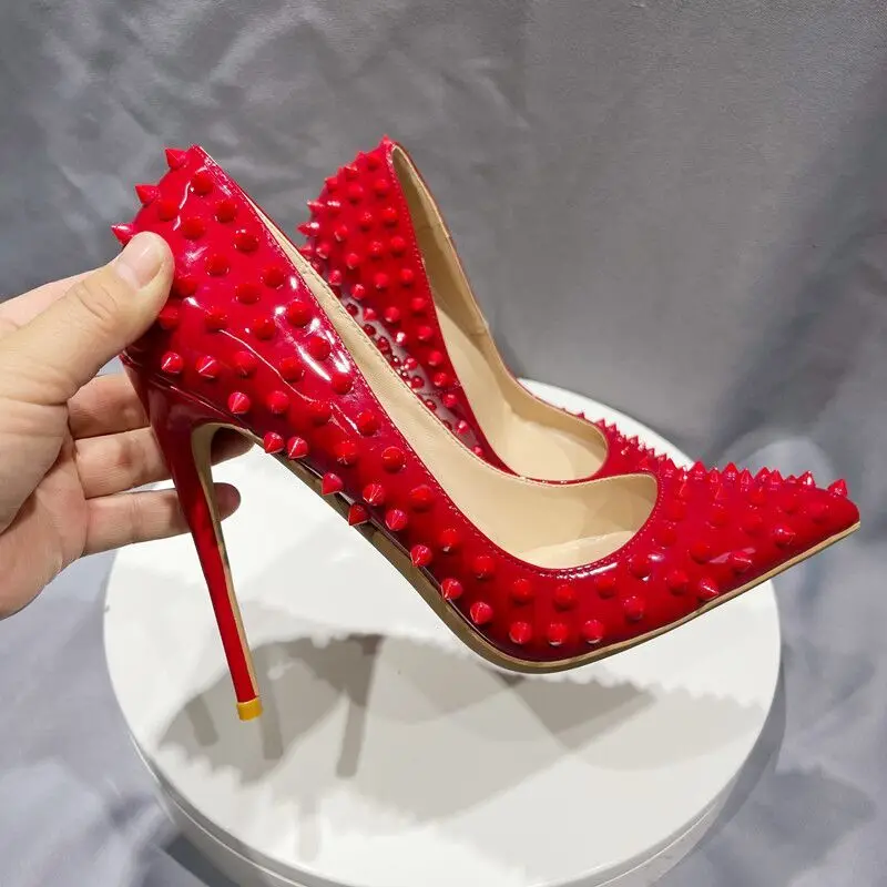 All Red Spikes Rivets Studded Sexy Gradient High Heel Shoes 10Cm Dress Pumps Women Shoes Party Big Size 33-45