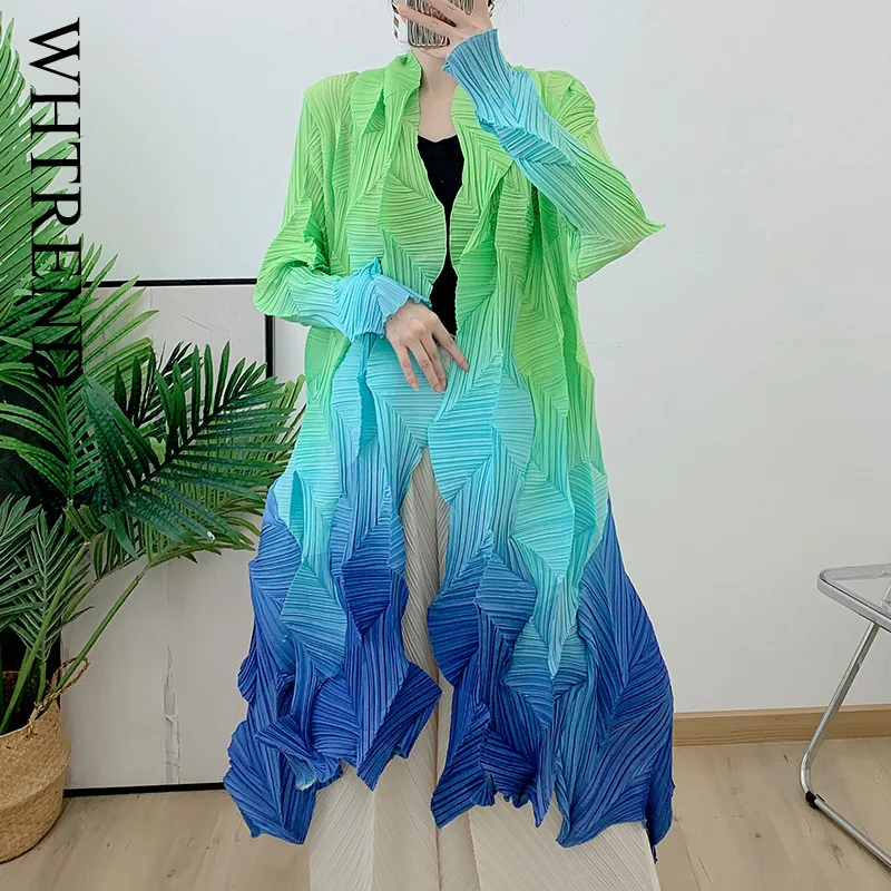 

WHTREND Pleated Gradient Cardigan Autumn New Long Loose Plus Size Trench Women's Fashion Coat WH1237