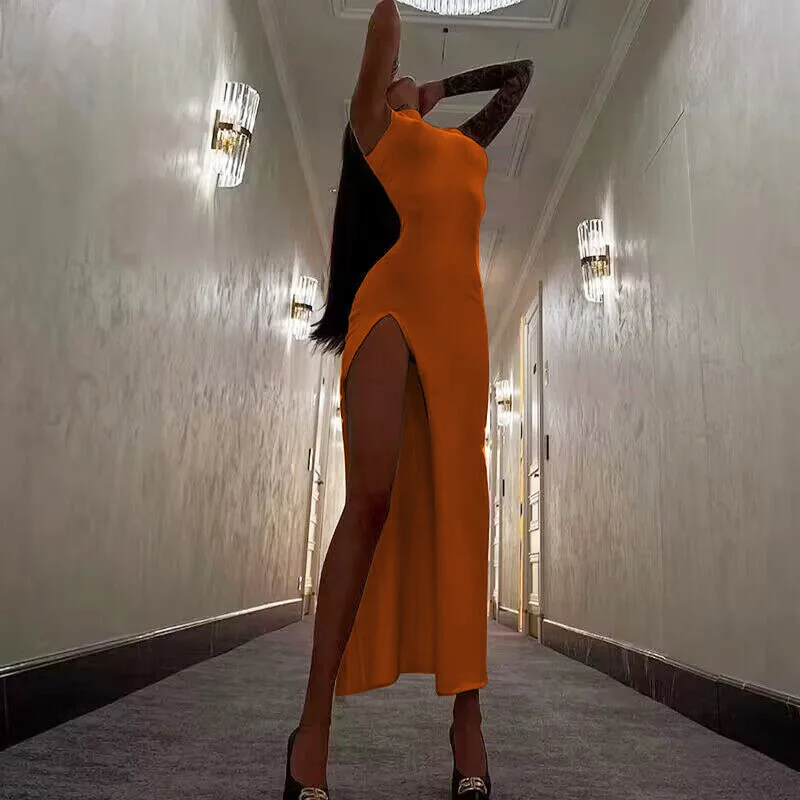 Neue Damen Schwarz Ärmellos Stehkragen Schlitzrock Sexy Kleid Für Frauen Club Party Kleider Dünne Mode Sommer Tank Kleider