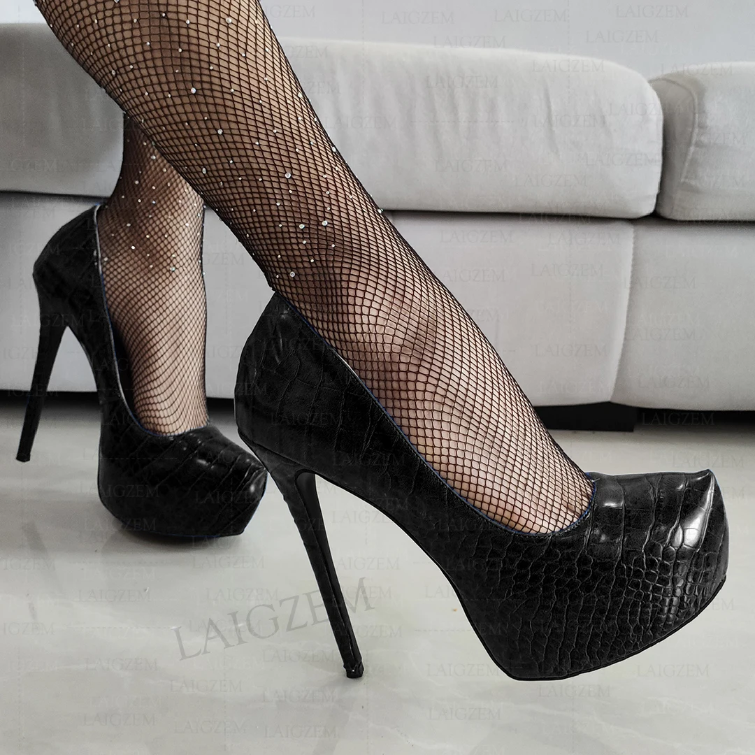 LAIGZEM Women Pumps Round Toe Crocodile Print Platform High Heels Sandals Party Dance Cosplay Shoes Woman Big Size 40 42 48 52