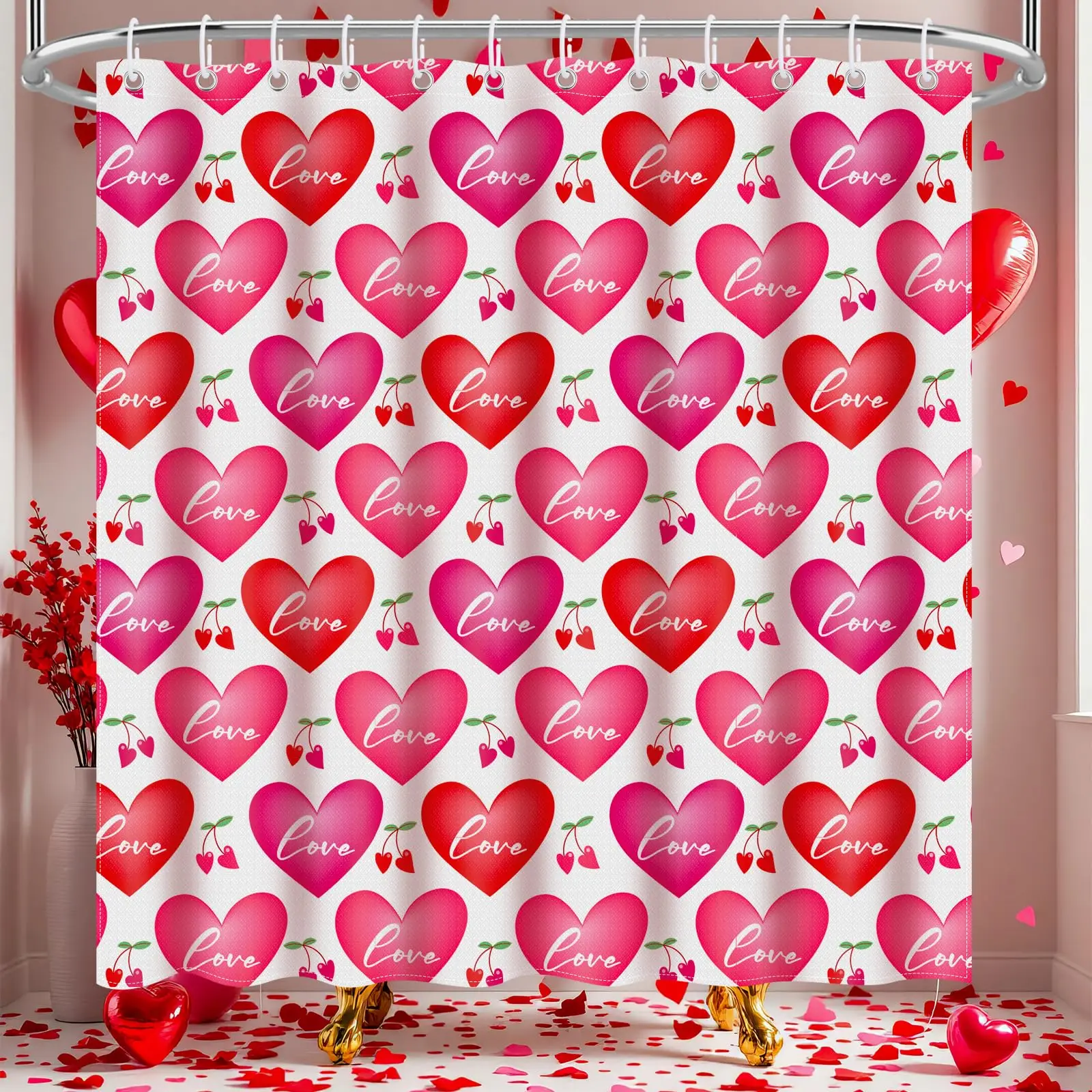 Cute Valentine\'s Day Shower Curtain Funny Abstract Modern Hearts Bathroom Curtain Romantic Waterproof Polyester Shower Curtain