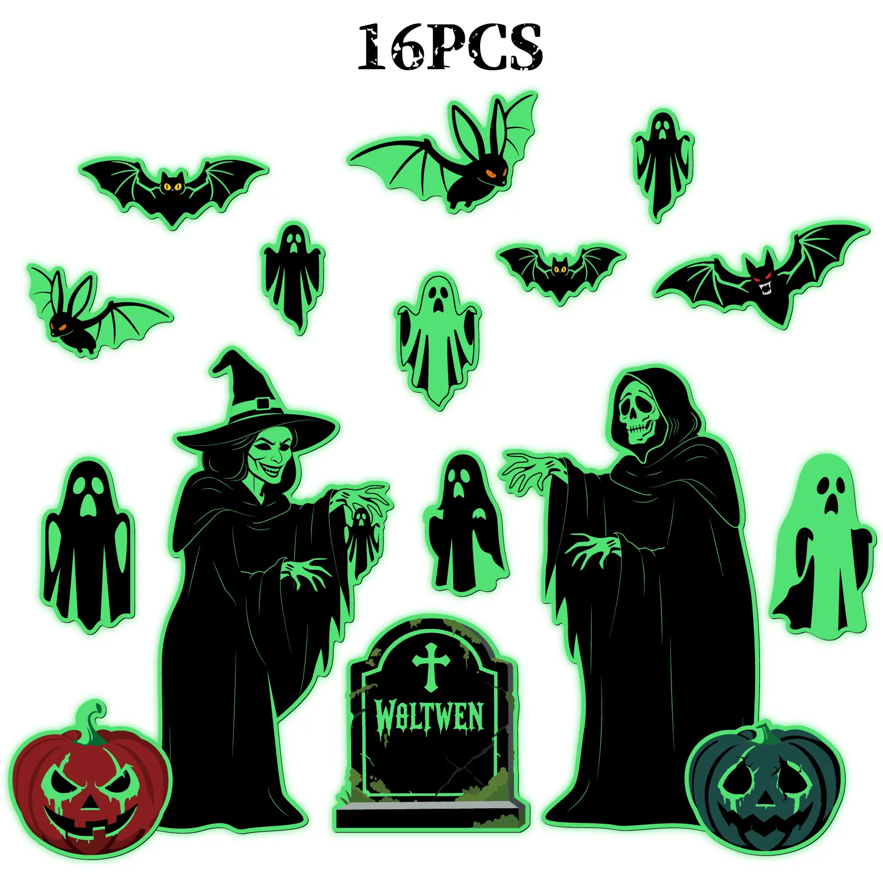 Set of 16 Glow-in-the-dark Halloween Garage Door Magnets Featuring Ghosts, Witches, and Bats; Fridge Magnet Decorations