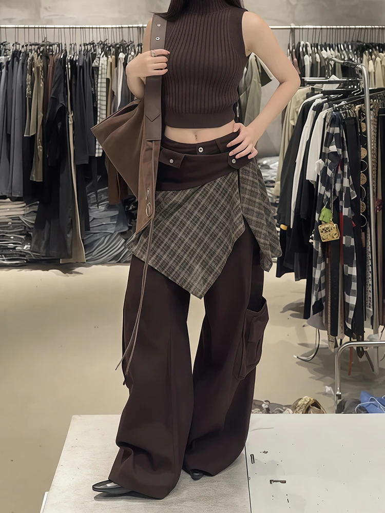 American style plaid fart curtain patchwork pants women autumn and winter new spicy girls loose and fake two piece jeans