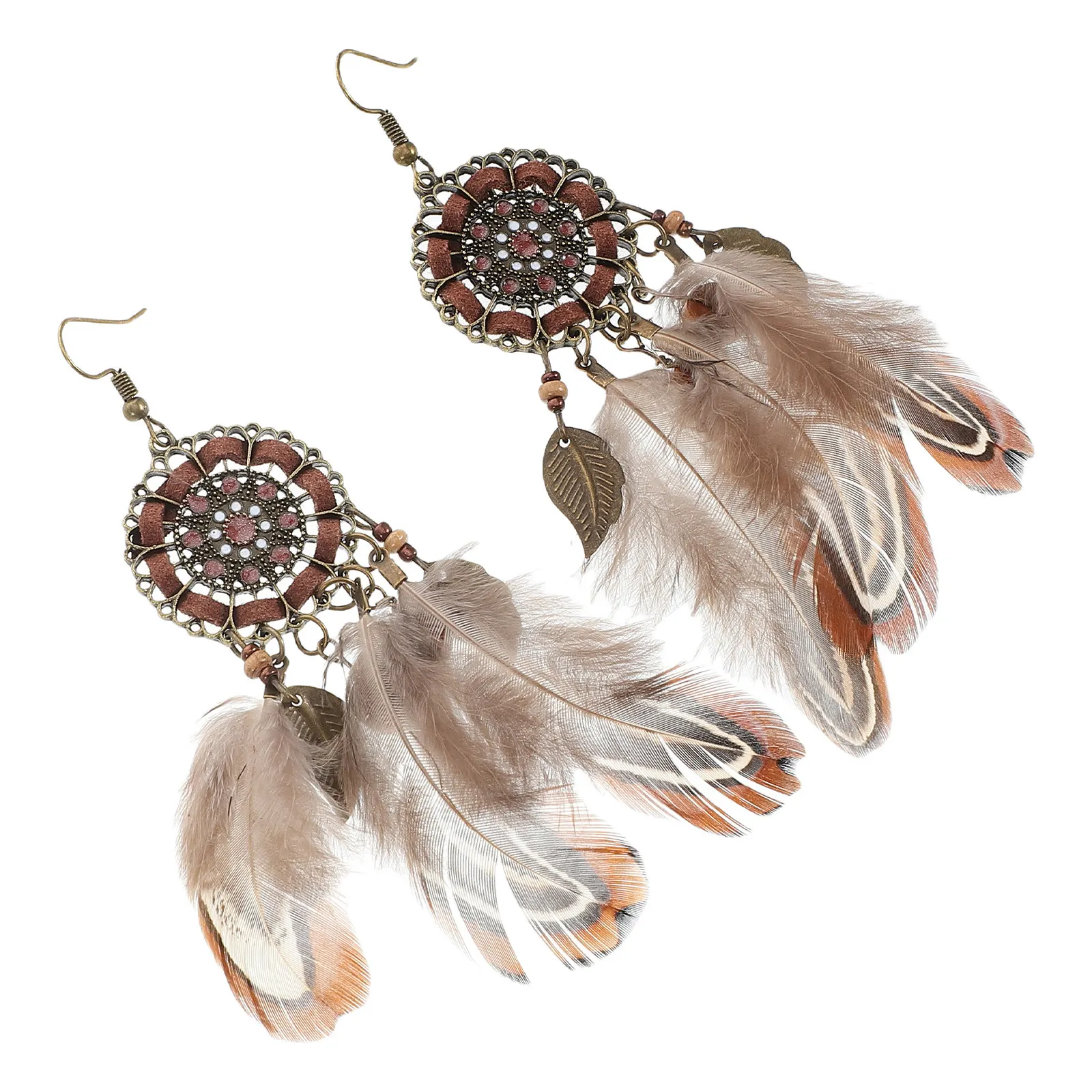 1Pair Boho Feathered Earrings Dream Catcher Dangle Ethnic Jewelry Travel Accessories Women Festival Beach Vacation
