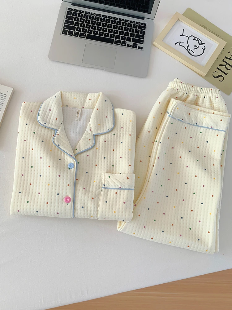 Thiened Long Sve Air Layer Spwear женский комплект домашней одежды с хлопковым наполнителем, теплый сладкий принт в горошек, осень-зима