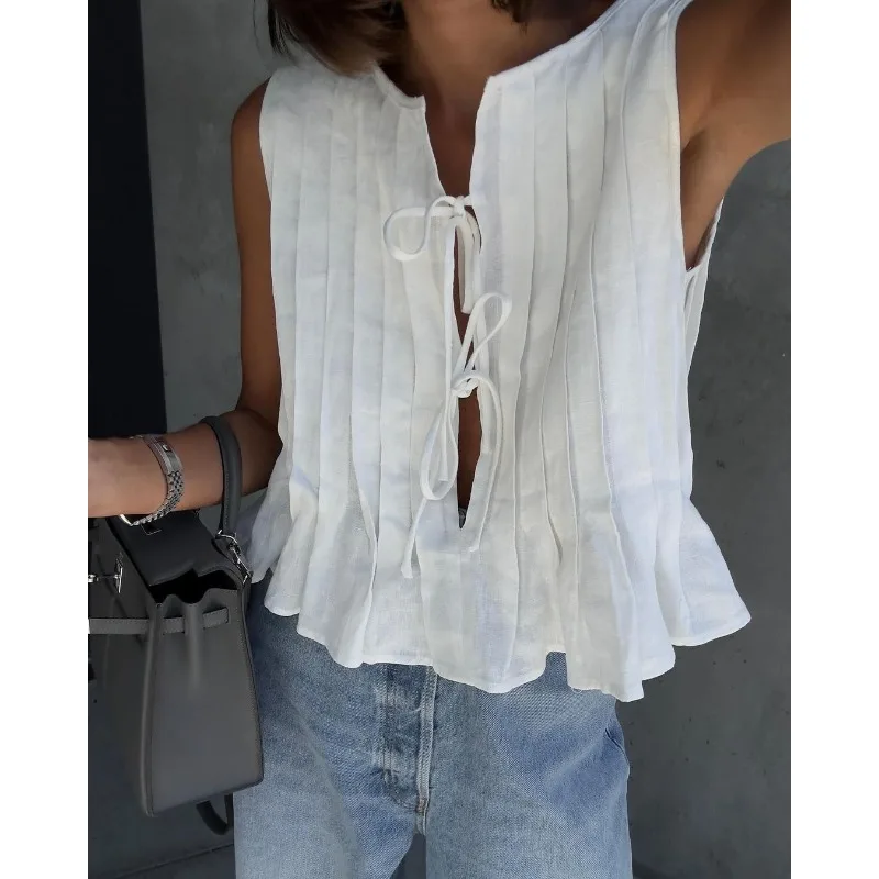 High Street Women's Lace Up Sleeveless Shirt & Skirt Set Temperament 2024 Summer Cotton Linen Female Fashion Skirts Outfits Y2K