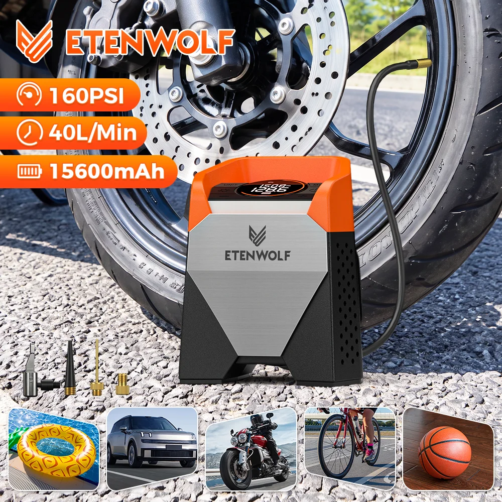 ETENWOLF S5C Tire Inflator 15600mAh Battery Car Air compressor 160PSI Air Pump With Light for Cars, Motorcycles