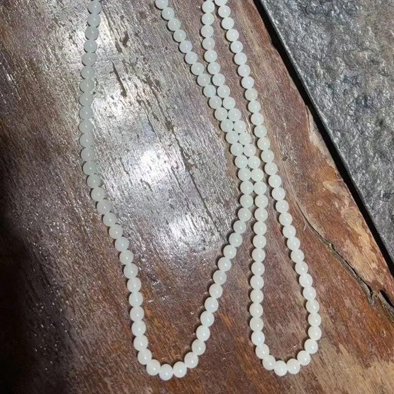 Premium White Jade 108-Bead Necklace Made From Qiemou Material With Density And High Fat Content