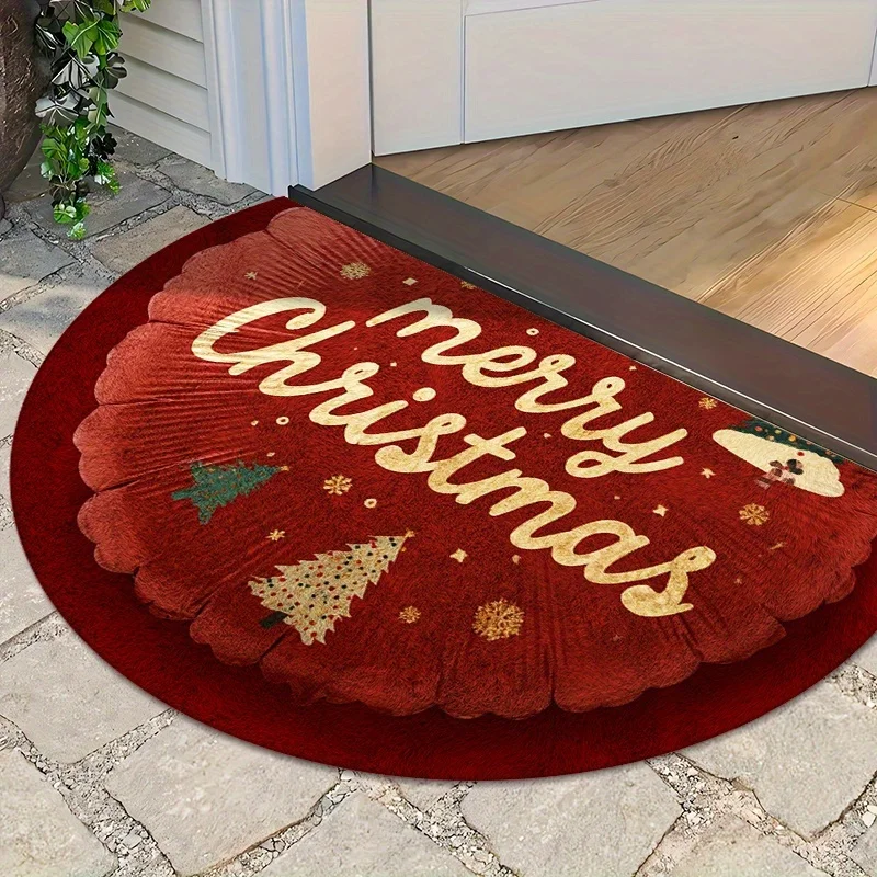 Merry Christmas Doormat Red Christmas Tree Half Round Welcome Mat Gold Lettering Outdoor Entrance Porch Floor Carpet Holiday Dec