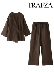 TRAFZA-trajes de lino para mujer, cárdigan de lino marrón a la moda, Kimono Top + Pantalones de pierna ancha informales con cordones, primavera 2024