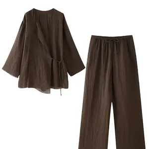 TRAFZA-Kimono بلوزة حزام كارديجان وبنطال مرتفع الخصر مطوي للنساء، طقم قميص بلون ساد، أزياء صيفية، كتان، 2 قطعة أفضل 12 بدلة رياضية للنساء من العشاري للمبيعات - رقم 11