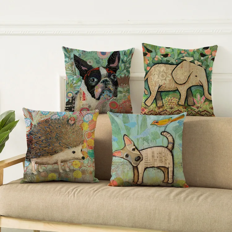 

Animals Painting Pillows Case Dog Elephant Cotton Linen Decorative Pillowcases Cute for Boy Girl Kid Gift Room Aesthetics 45x45