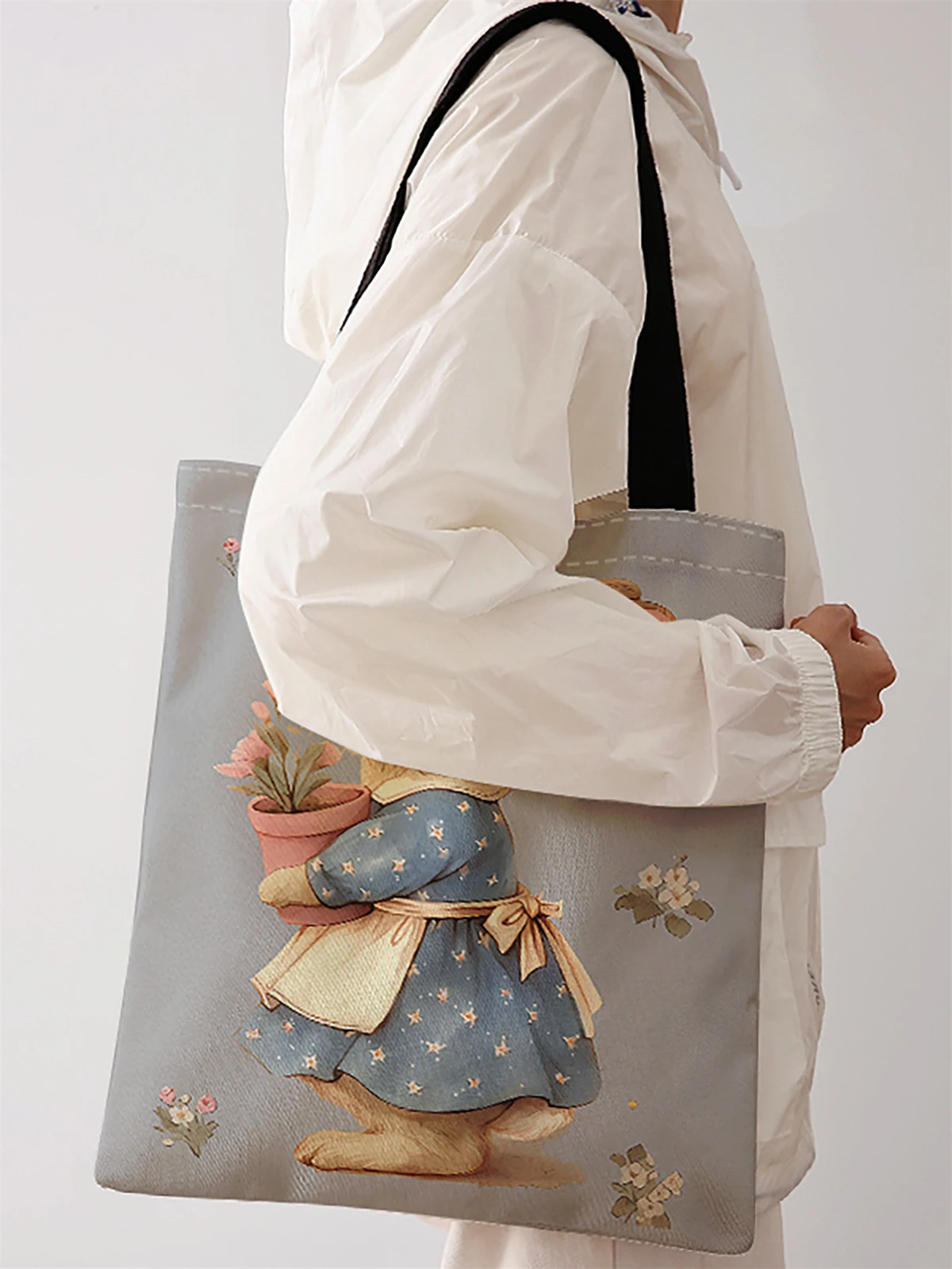 حقيبة يد كاجوال مطبوعة بنمط أرنب، حقيبة ظهر عصرية قابلة لإعادة الاستخدام، حقيبة يد متعددة الوظائف، حقيبة تسوق قماشية #2