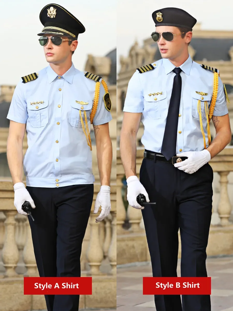 زي أمان صيفي عالي الجودة للرجال، قمصان احترافية بأكمام قصيرة لخطوط الطيران باللون الأزرق الفاتح