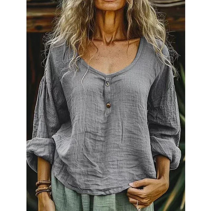 새로운 긴 소매 블라우스 여성 캐주얼 솔리드 컬러 셔츠 여성용 버튼 셔츠 여성 탑 여성 루즈 풀오버