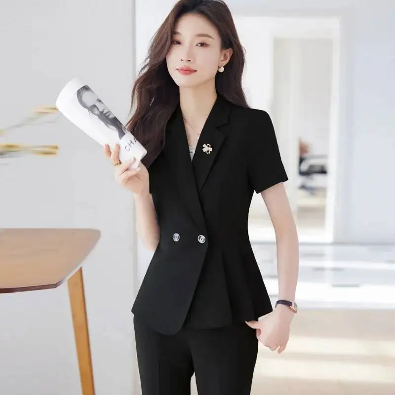 Summer Short Sleeve Uniform Styles Formal Professional Pantsuits Women Business Work Wear Ladies Career Interview Blazers S-5XL