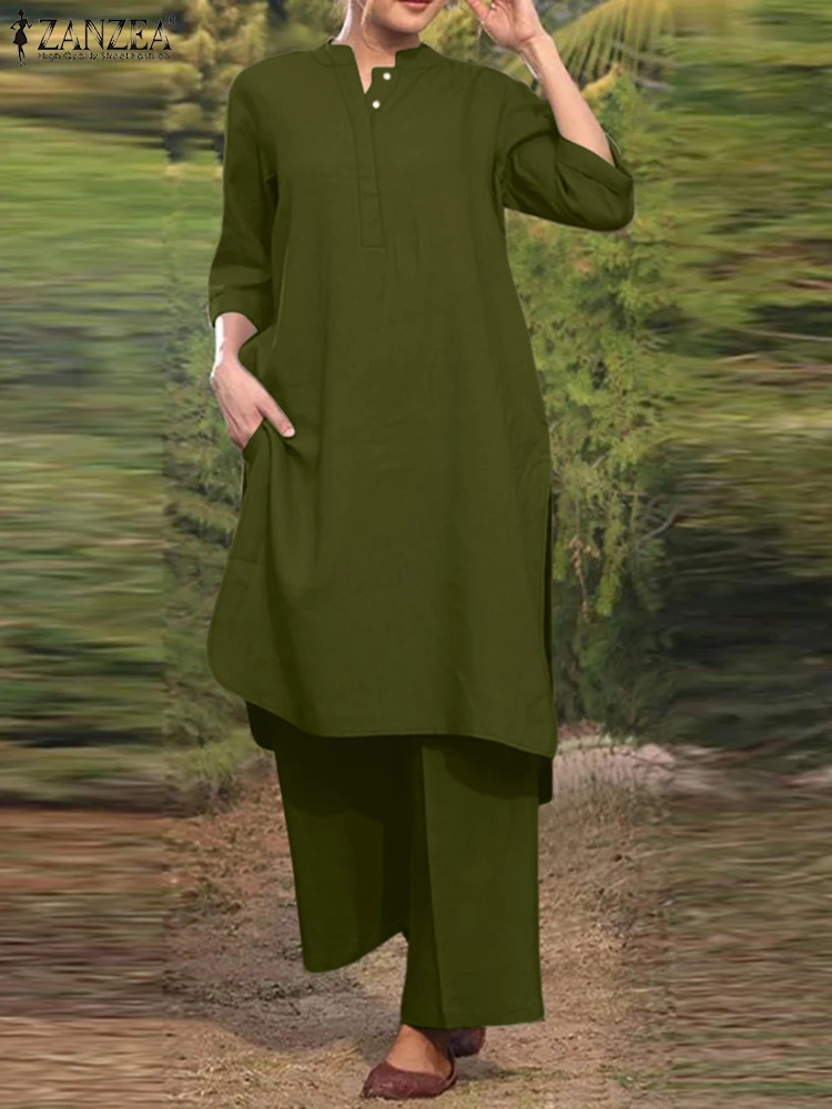 

ZANZEA женские осенние комплекты из 2 предметов, повседневные однотонные длинные рубашки, брюки, блузка с рукавами 3/4, комплекты брюк, 2025 стильный однотонный свободный спортивный костюм