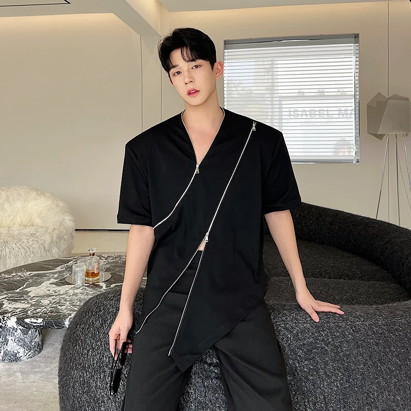 

Асимметричная футболка с двойной молнией ort Sve Hairst Sle f Sve Модная корейская свободная посадка Молодежная заводская