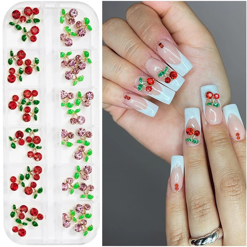 36pcs 3D Cherry Nail Art Decoraions Red Pink Diamond Rhinestones Nail Crystal Charms DIY Jewelry Manicure Accessories