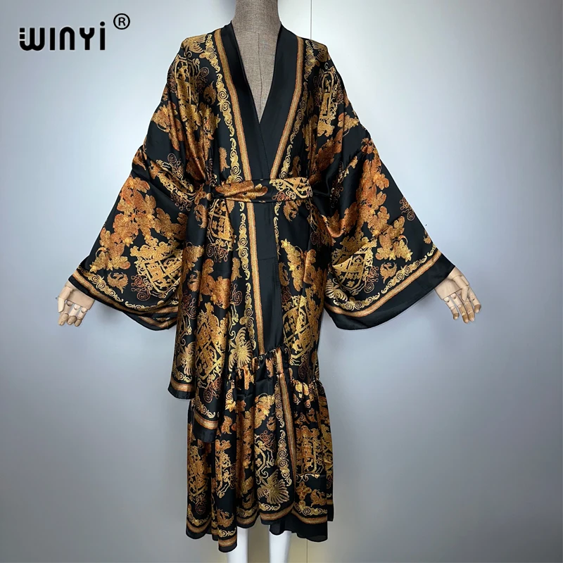WINYI Catwalk Kimono Women Printed bubble hem coat Long Sleeve Cardigan abaya dubai luxury beachwear Cover Up boho dress Caftan