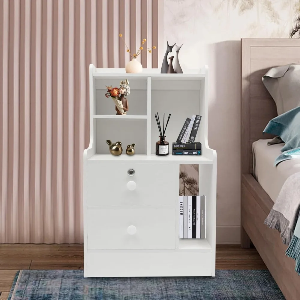 White Nightstand 2 Drawers and Shelf Tall End Table Nightstand with 5 Shelves Bed Side Table Small Bedside Table