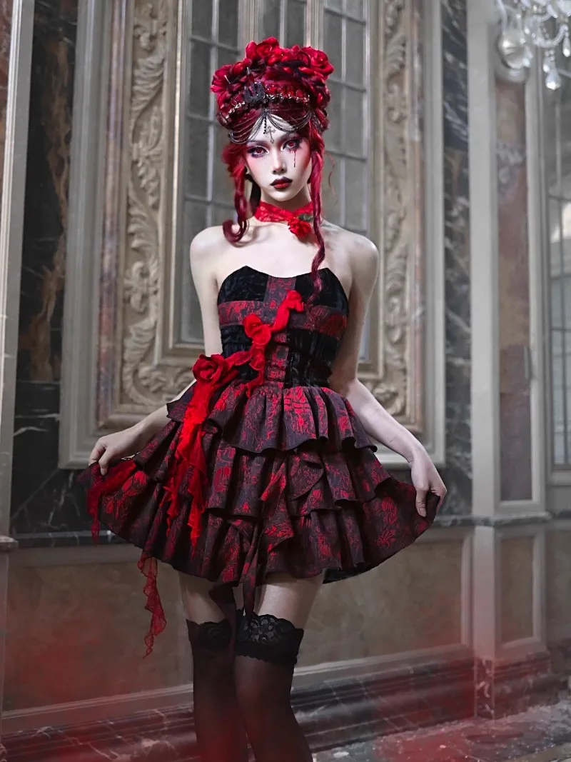 Vestido acampanado con parte superior de tubo cruzado de Jacquard para mujer, Original japonés, gótico, tridimensional, diseño de rosa, industria pesada