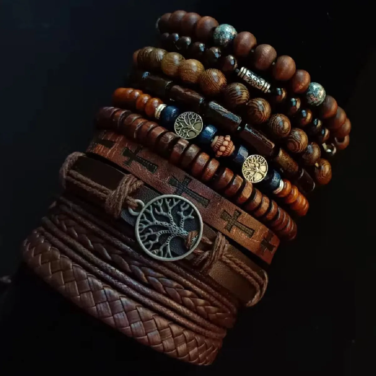 Khaki Tree 10 Pcs/set Black Wrap Woven Fashion Handmade Men Bracelets Male Women Leather Bracelets Men Bangle Wholesale Jewelry