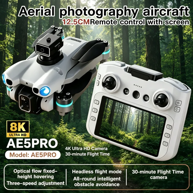 AE5 New 2026 Quadcopter Drone Headless Mode 20 Min Battery 360 Flip Helicopter Mini Drone Kid Toy 4.5 Inch Screen Control 8K HD