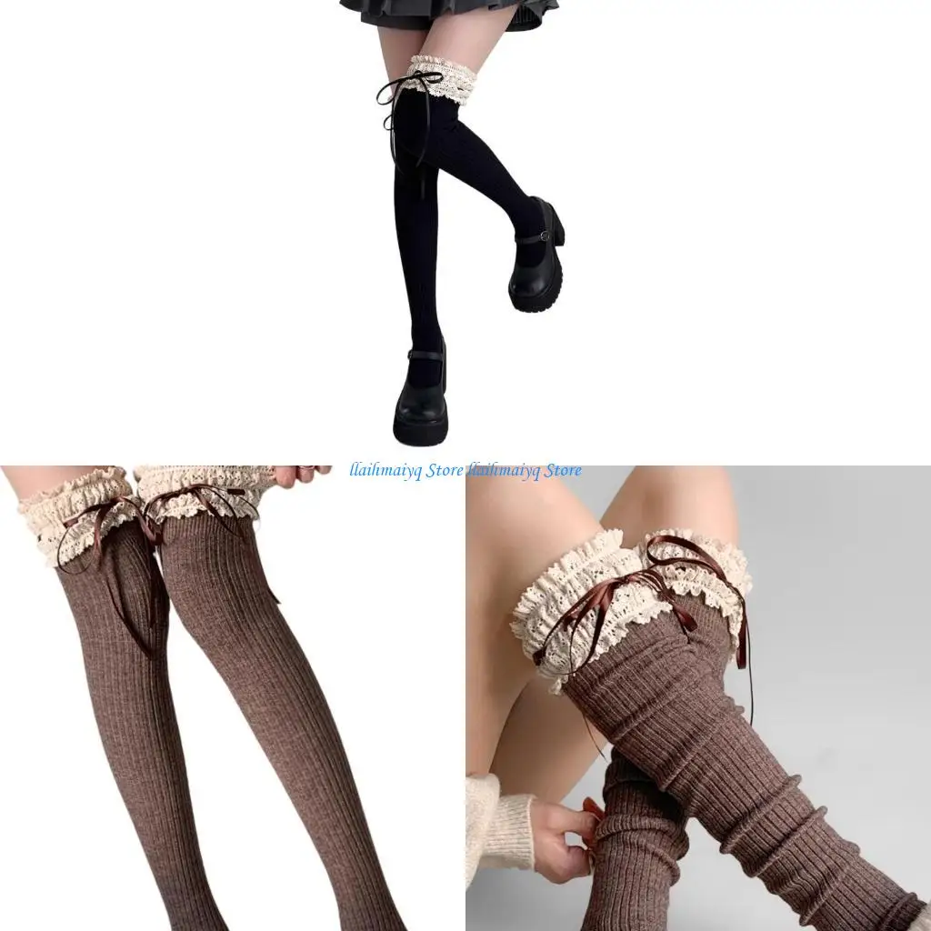 

573B Женские носки для коленных ботинок с рюшами кружевными вершинами и ленточными складками теплые чулки для вечеринок и износа