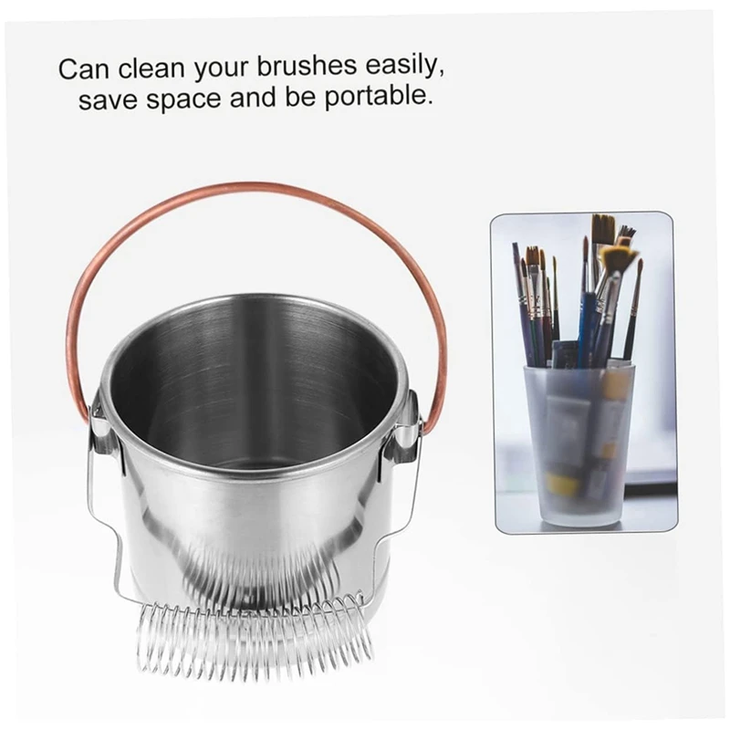 1 PCS Pencil Bucket Painting Brush Bucket Silver Stainless Steel Brush Cleaner Metal Stand Airtight Metal Tub