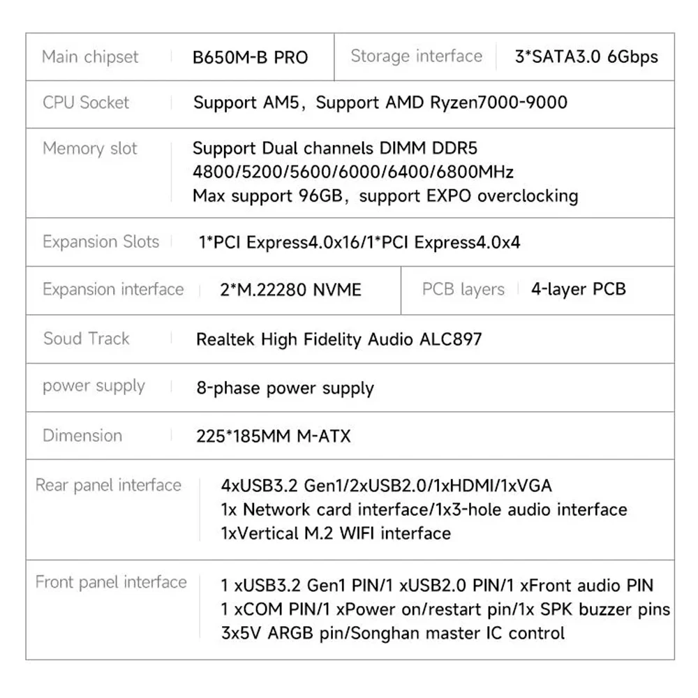 B650 Motherboard AM5 Socket ARGB Extend Supoort Ryzen 7000-9000 NVME 4.0 8-Power Supply Module Multiple Option