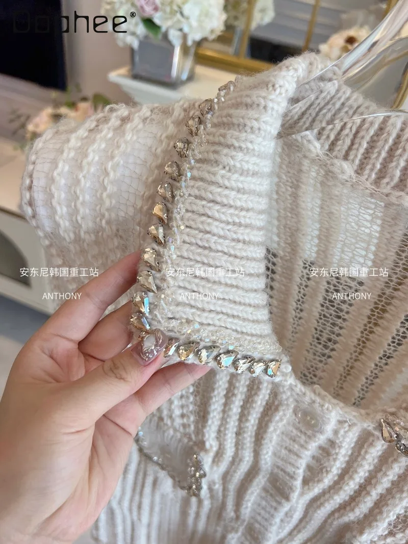 الموهير الماس رصع سترة المرأة الخريف الشتاء موضة جديدة فضفاضة البلوز واحدة الصدر عادية محبوك اقتصاص سترة