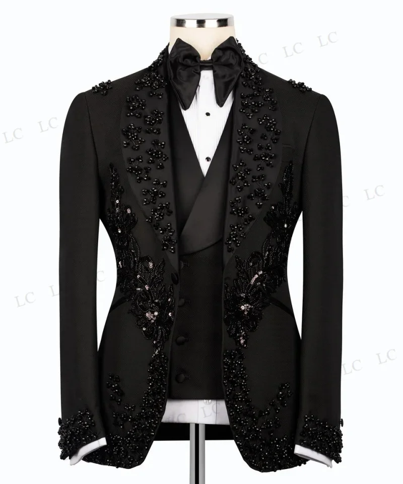 Modern Beads Appliques Slim Men Suits 3 Pieces Blazer Vest Pants One Button Prom Tuxedos Wedding Party Groom Plus Size Tailored