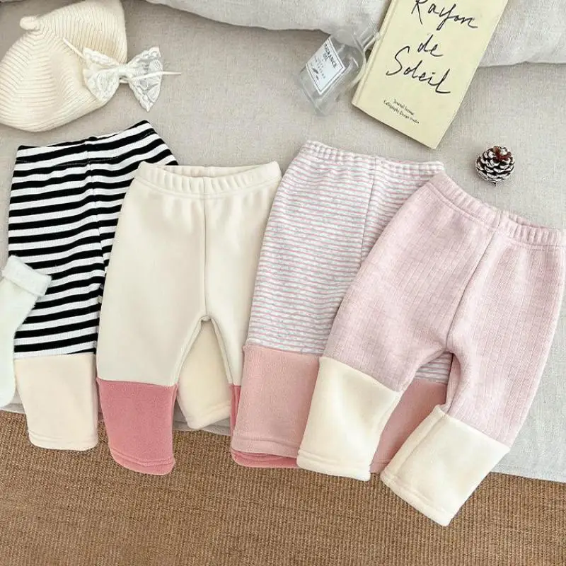

2025 Winter New Baby Fleece Leggings Cotton Infant Girl Thick Warm Trousers Children Elastic Pants Toddler Striped Leggings