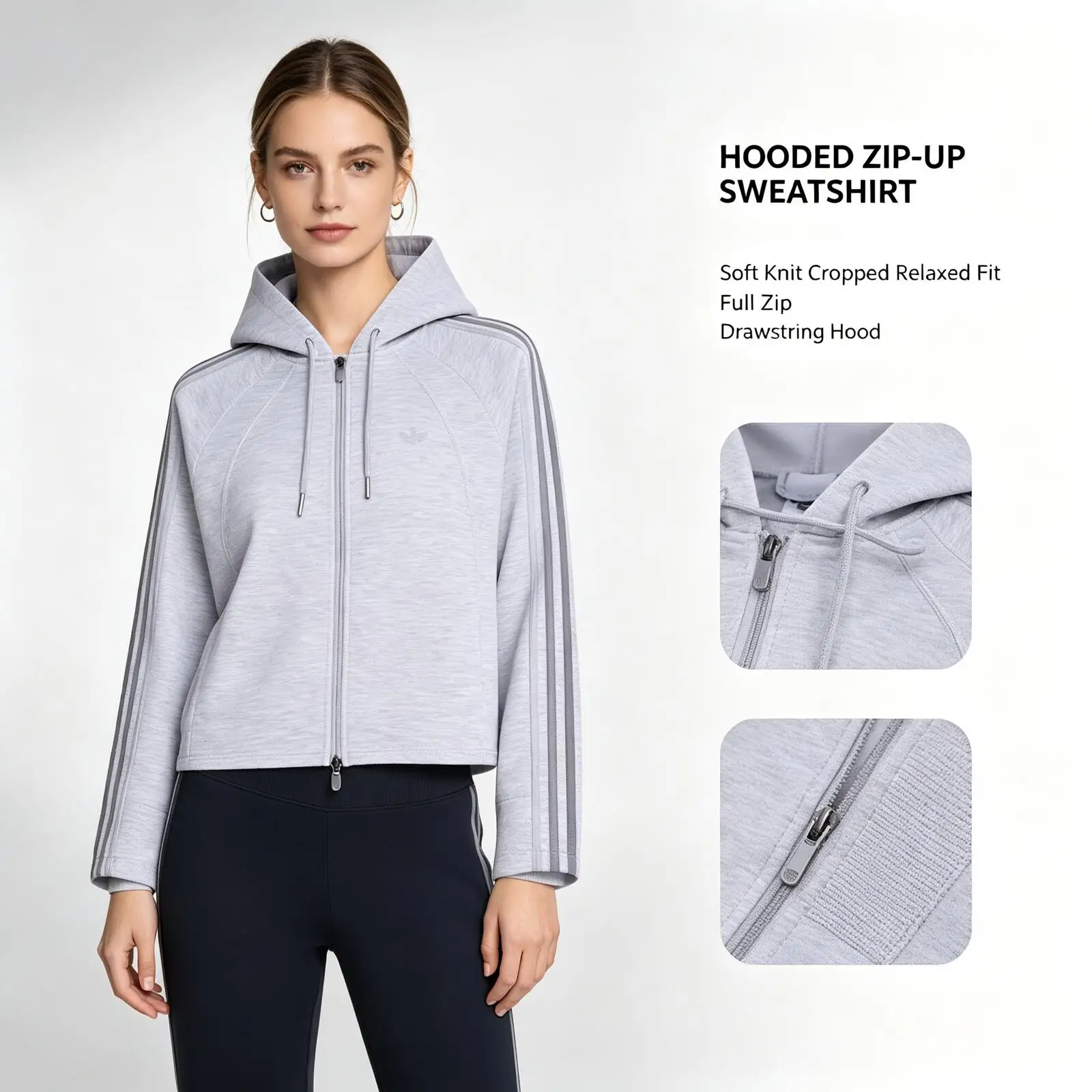 New Adidas Women Light Gray Cropped Hooded Zip-Up Sweatshirt Soft Knit Relaxed Fit Full-Zip Casual Hoodie Jacket with Drawstring