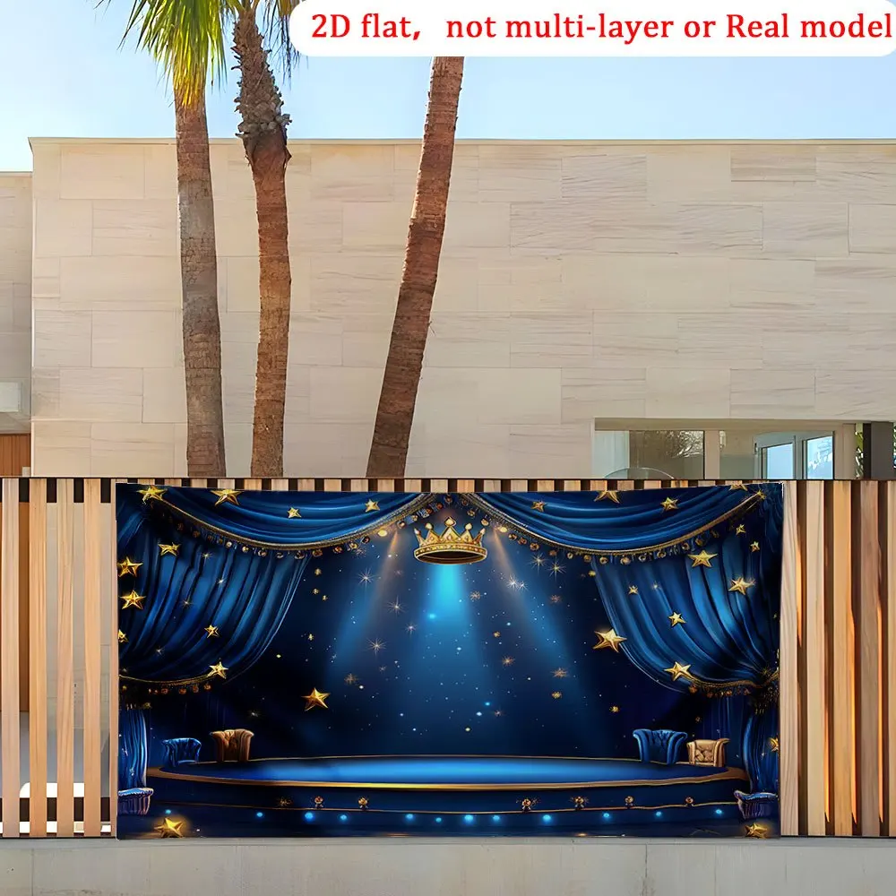 Extra-large 2D flat-print party banner, featuring a blue crown and night stars.