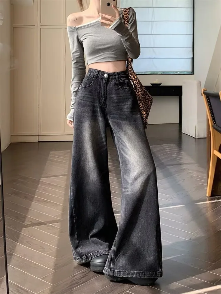 

American Style High Waist Wide Leg Jeans Women Tall Size Loose Slimming Large Oversize Lazy Floor-Length Pants Deep Color