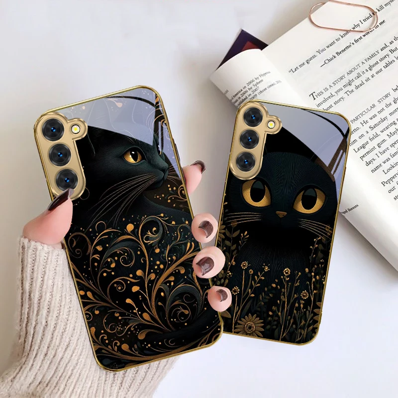 삼성 갤럭시 S20 FE S21 S22 S23 플러스 S24 울트라 S25울트라 S21+ S9+ S22플러스 골든 글래스 폰 케이스용 환상적인 검은 고양이