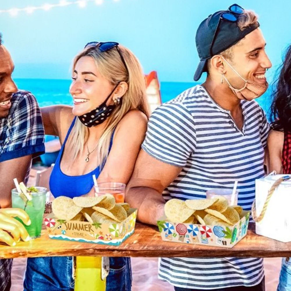12pçs caixas retangulares de papel para lanche de verão, panelas de cozimento descartáveis para festival, bandejas de lanches de papel, decoração havaiana