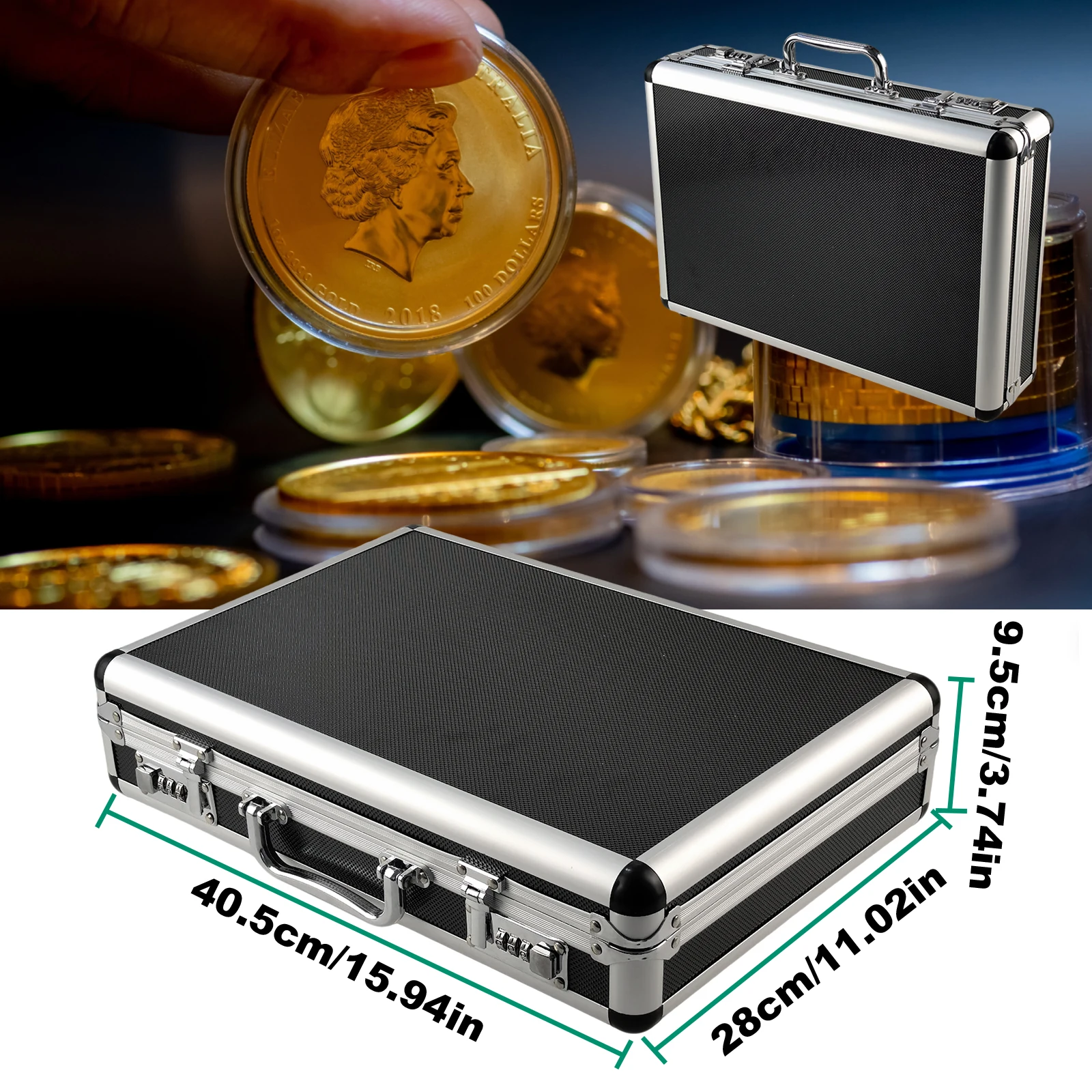 100 Slots Coin Storage Display Box with Lock, Aluminum Alloy Case for Coin Holders Collector Capsule Organizer Organizer