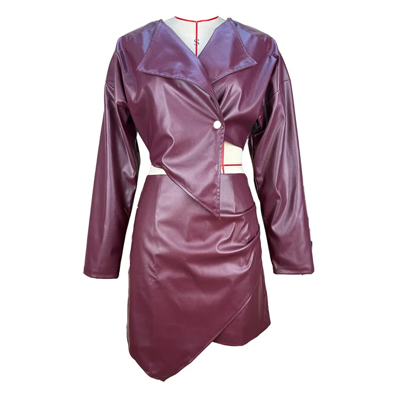Doyerl PU Faux Leather Dress Sets Woman 2 Piece Outfit Club Wear Party Single Button Cropped Jacket and Mini Skirt Matching Sets