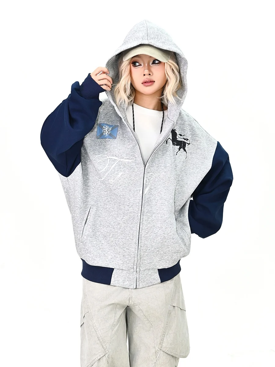 

American Sle Loose Fitted Hoodie Cardigan Women's Spring New Arrival Streetwear Casual Long Sve Zipper Closure Coat