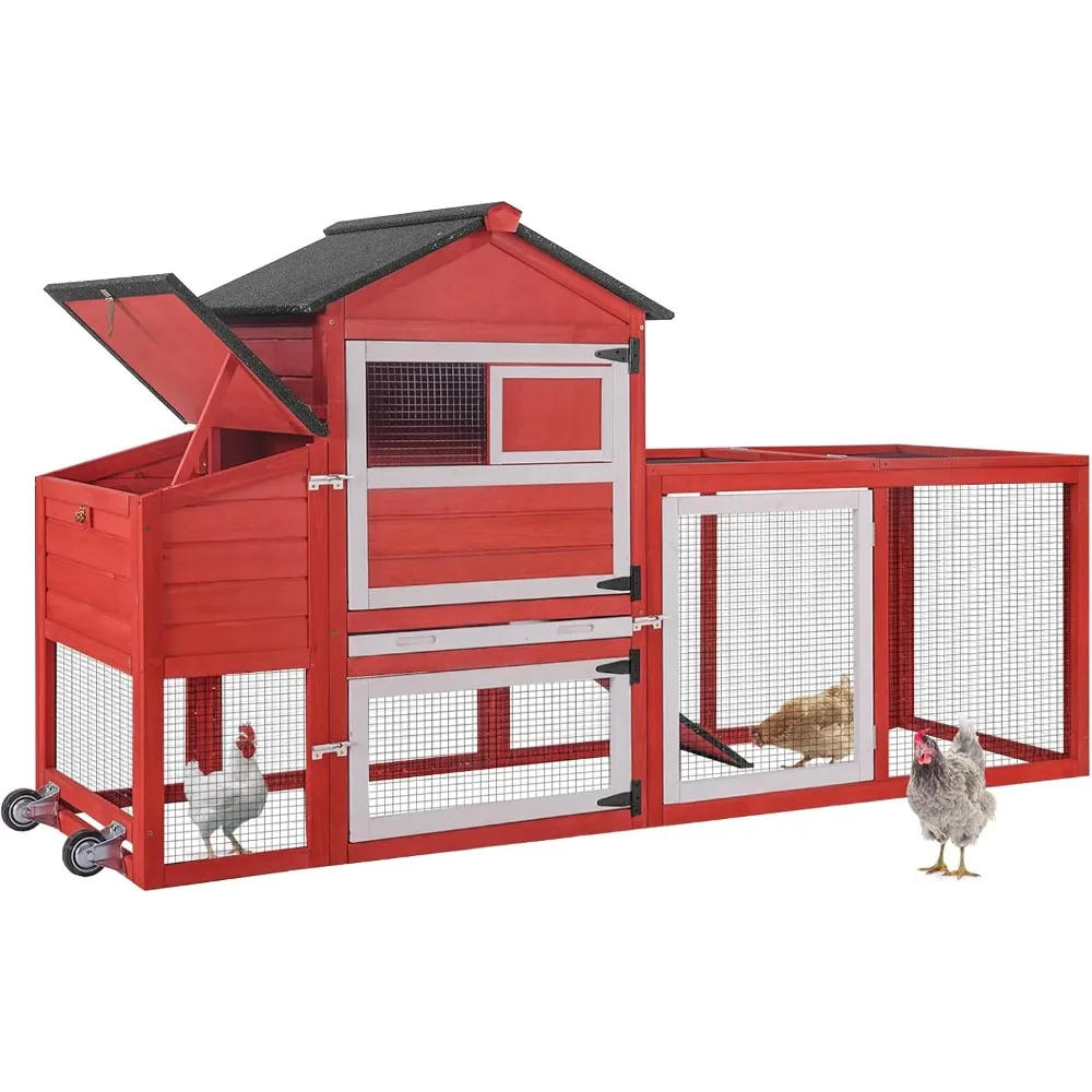 

Chicken Coop Chicken House for Outdoor, Poultry Cage with Wheels Mobile Hen House and UV-Resistant Roof - Red