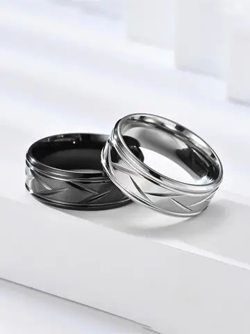 Fashion Men’s Silver Color Black Stainless Steel Ring Groove Multi-Faceted Ring for Men Women Engagement Ring Anniversary Gifts