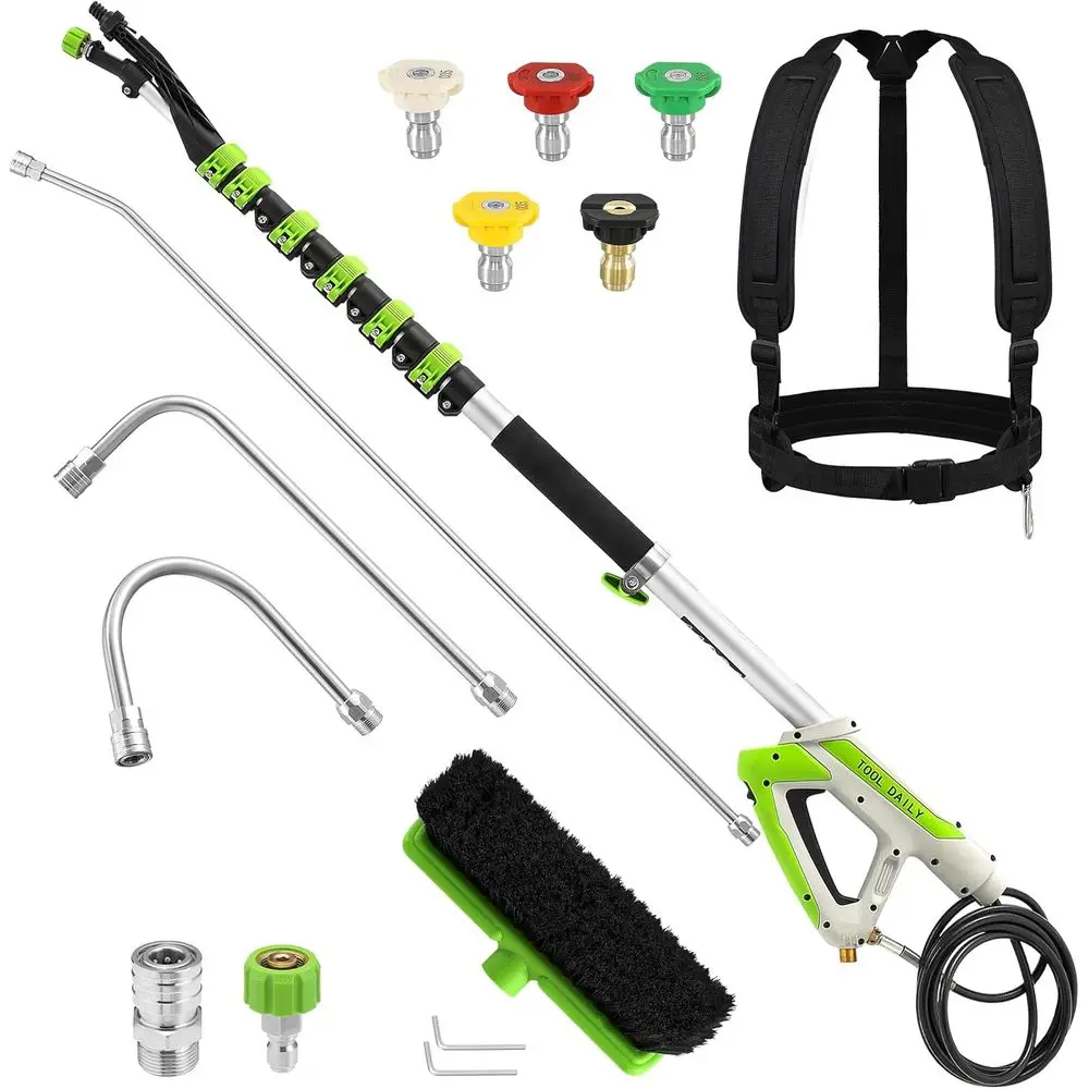 Telescoping Pressure Washer Wand with Brush, Power Washer Extension Wand, Aluminum Telescopic Gutter Cleaner with 3 Curved Rods,